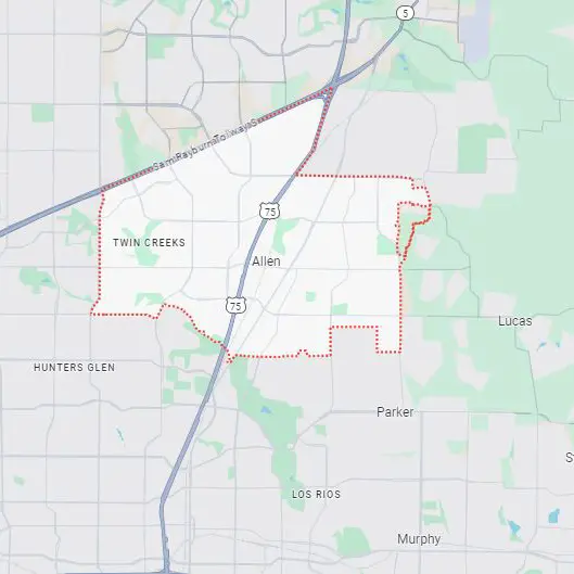 A digital map showing the boundaries of Allen, Texas.