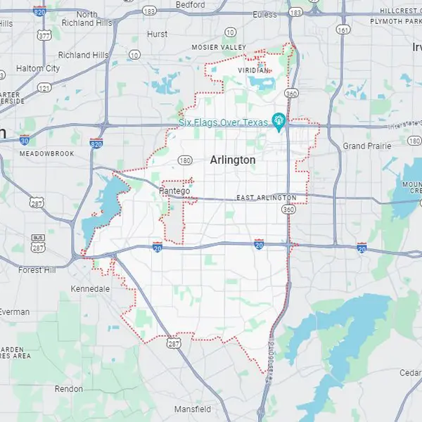 A digital map showing the boundaries of Arlington, Texas.